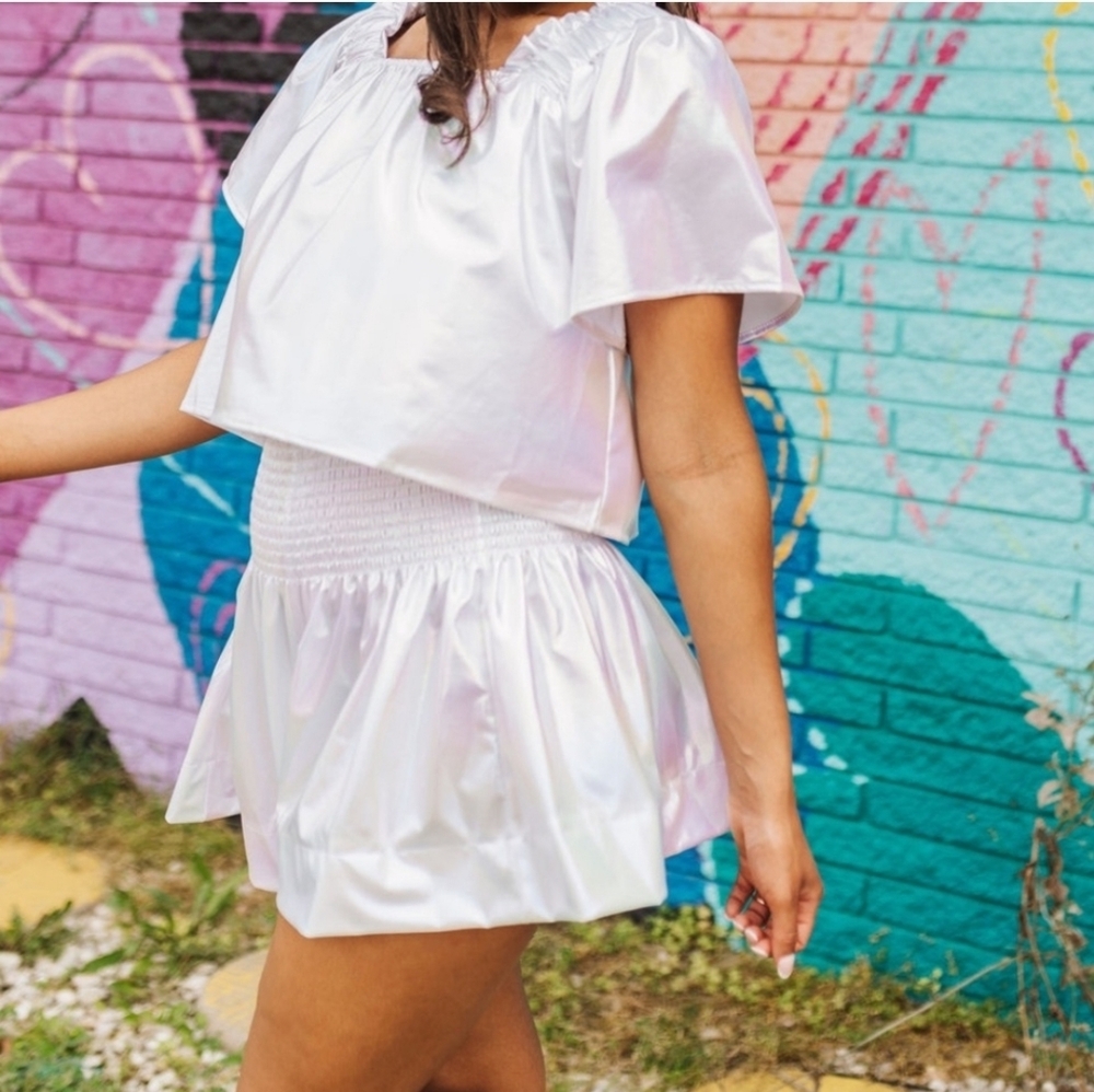 QUEEN OF SPARKLES White Iridescent Tube Romper Shorts - Picture 4 of 4